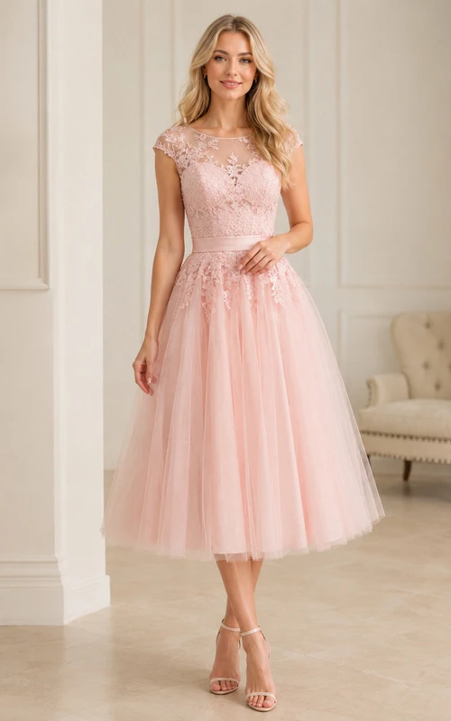 Vestido de invitada de corte A, largo midi, con escote barco, manga corta, tul, encaje, pedrería, efecto ilusión y cremallera en la espalda.