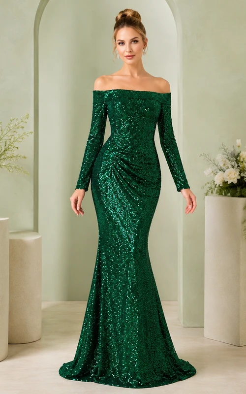 Emerald Sequin Off-the-shoulder Long Sleeve Mermaid Floor-length Formal Gown