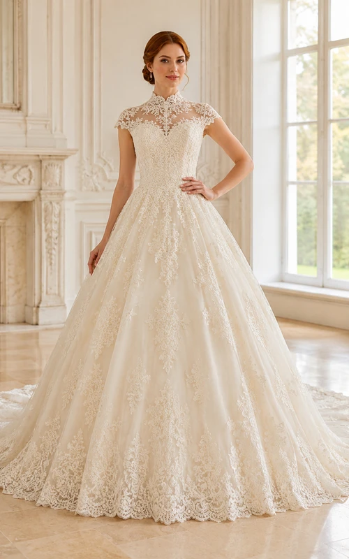 Robe de mariée en dentelle et tulle, coupe trapèze, col montant, manches longues et traîne chapelle.