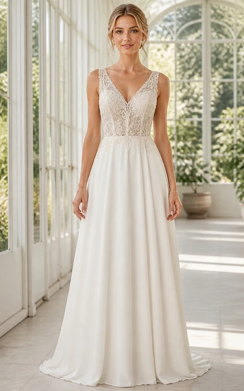 Vestido de novia sencillo de playa, corte A, escote en V profundo, encaje y gasa