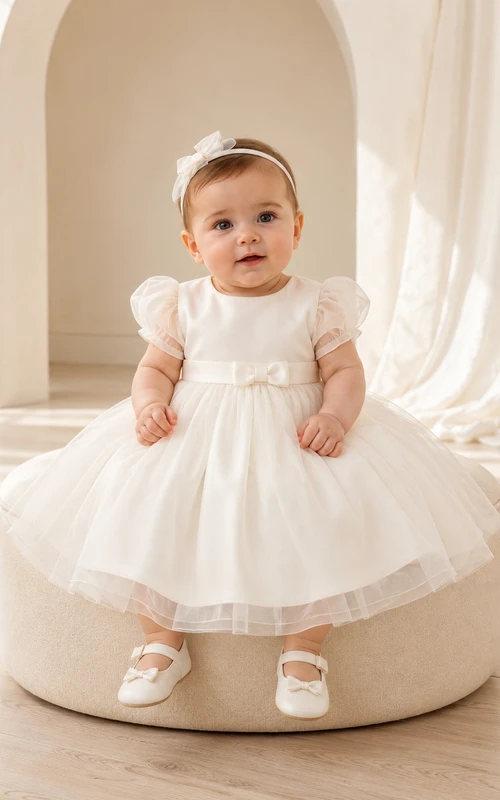Modern Baby Baptism Christening Ceremony Dress A-Line Knee-Length Jewel Neck Puff Sleeve Tulle Bow Back Button Back