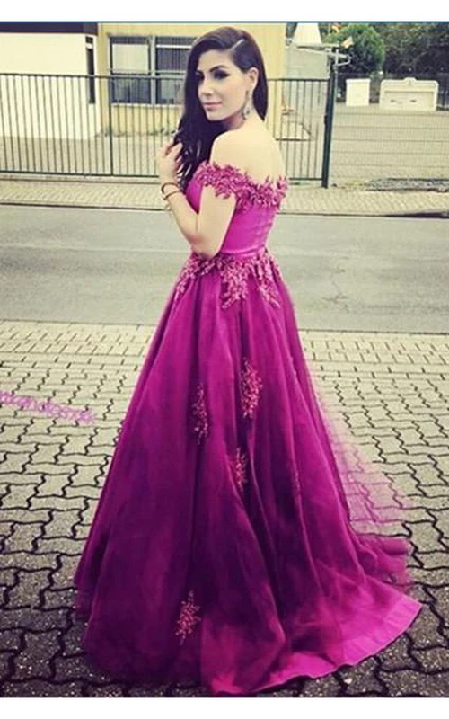 Zartes A-Linien-Abendkleid mit Spitzenapplikationen, schulterfrei, Reißverschluss