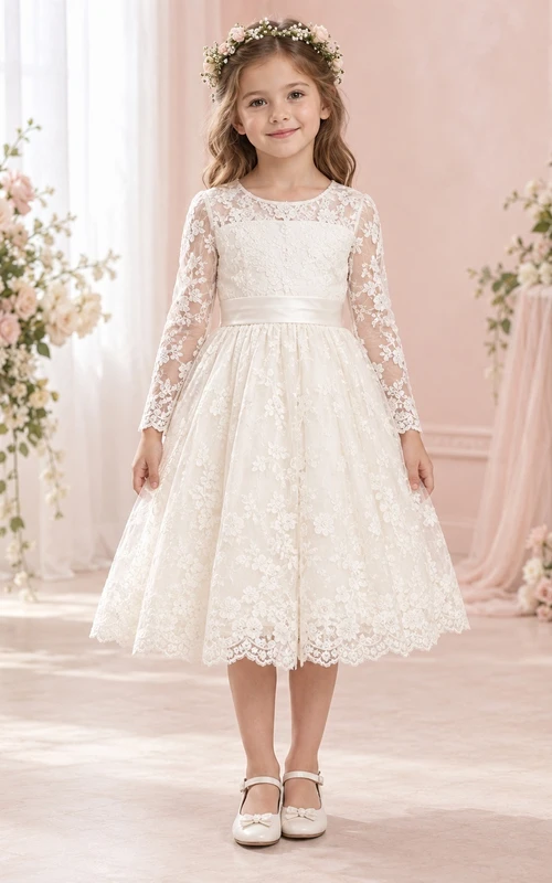 Vestido de niña de flores de manga larga, estilo modesto, color marfil, con estampado floral, corte en A y lazo en la espalda.