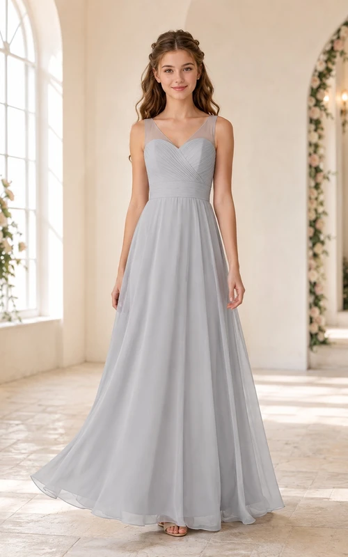 Vestido plateado de dama de honor juvenil, corte en A, escote corazón, sin mangas, fruncido y elegante.
