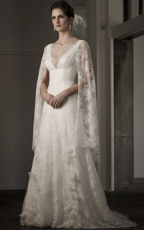 Vestido de novia largo de manga larga con apliques de encaje y escote en V, corte en A, estilo poeta, con flores.