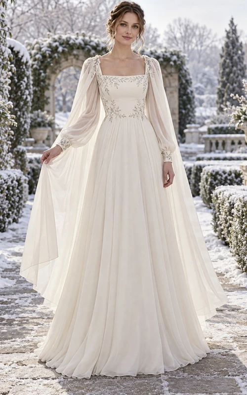 Vestido de novia de gasa con encaje y cuello cuadrado, manga larga y capa, corte en A.