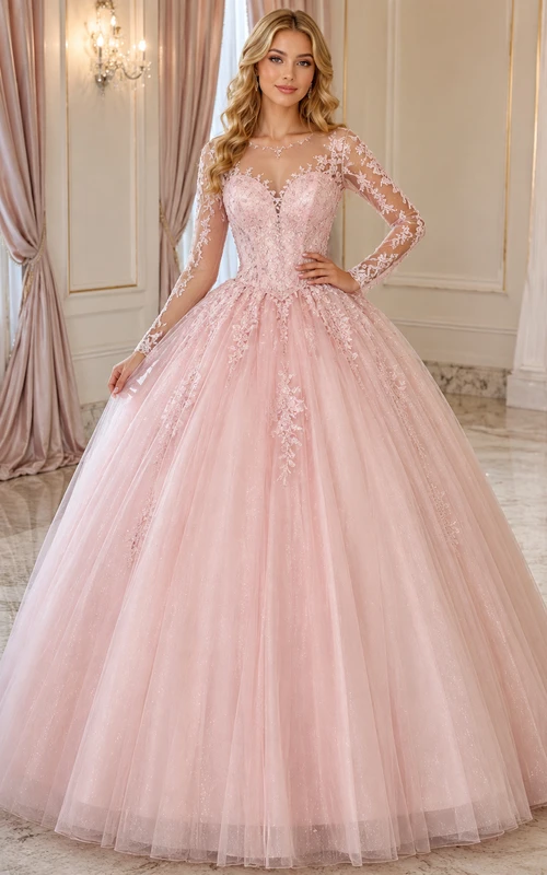 Blushing Pink Luxury Long Sleeve Illusion Lace Beaded Sweet Sixteen Princess Ball Gown