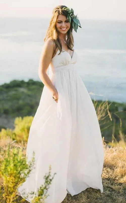 Spaghetti Empire A-Linie Chiffon gerafftes Strandhochzeitskleid
