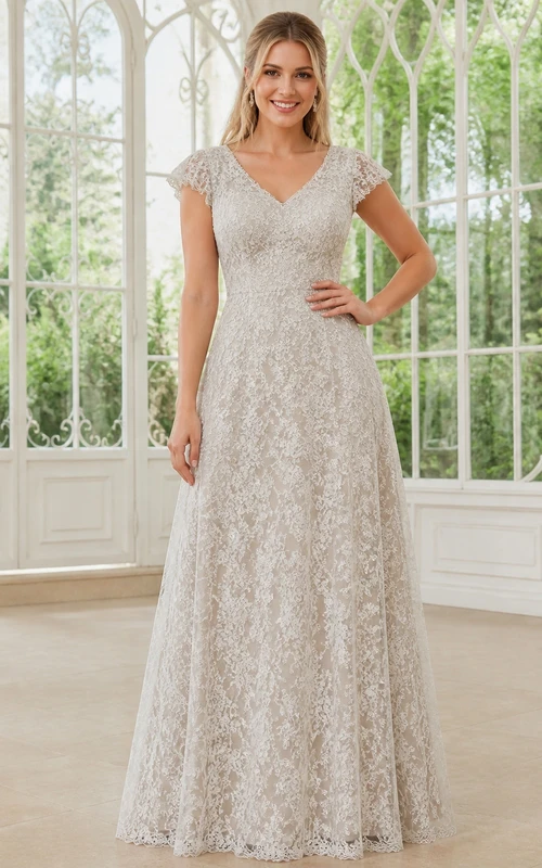 Vestido de novia sencillo y modesto de talla grande con mangas cortas de encaje festoneado y largo hasta el suelo
