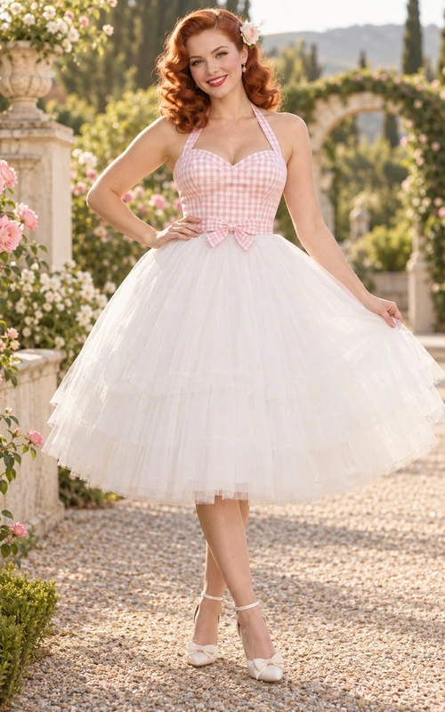 Vestido de novia vintage rosa a cuadros con escote halter, escote corazón, largo midi, lazo en la cintura y falda de tul escalonada de corte A