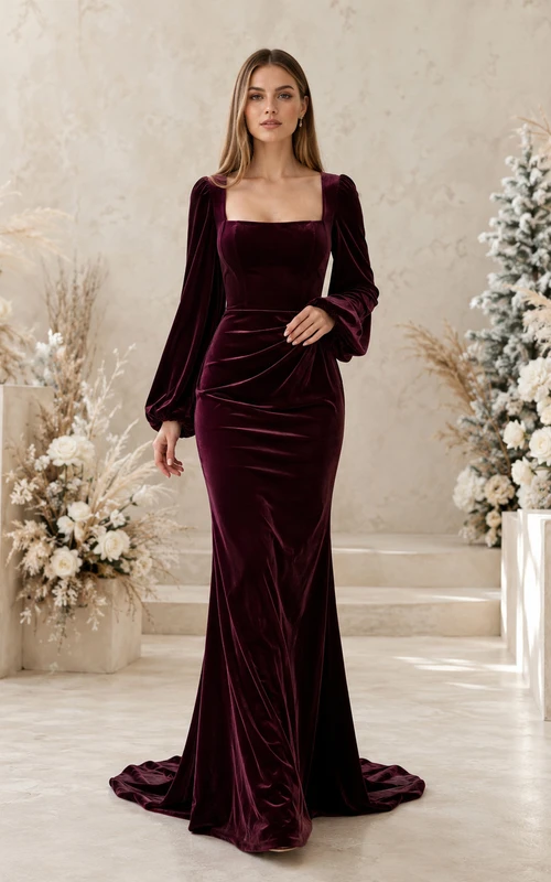Vestido de novia de terciopelo color ciruela con cuello cuadrado, mangas acampanadas y cola de sirena.