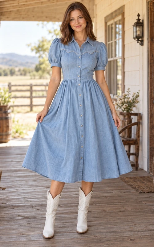 Vestido vaquero de estilo occidental, largo hasta la rodilla, color azul cielo, con cuello y mangas abullonadas.