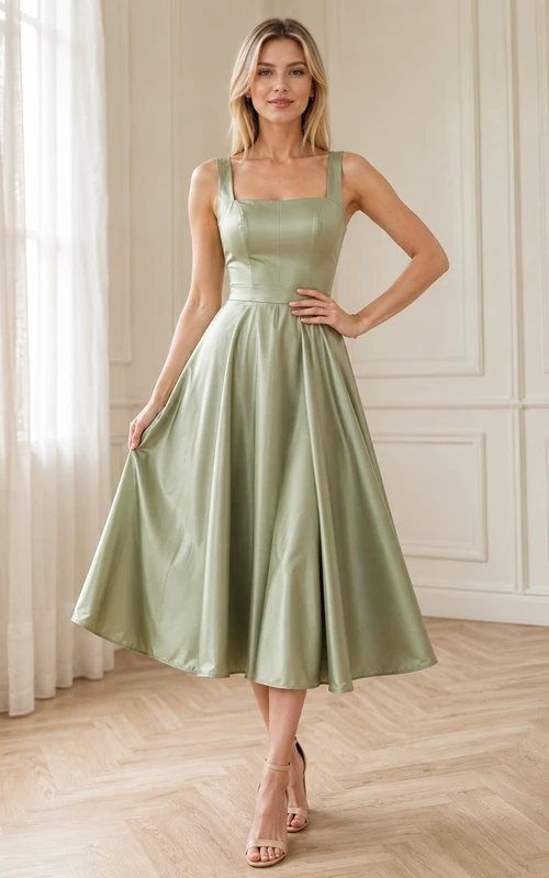 Sage Square Neck Sleeveless Satin A-Line Tea-length Modern Evening Dress