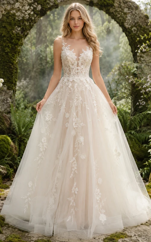 Brautkleid mit V-Ausschnitt, floralen Applikationen und Moosgarten-Motiv