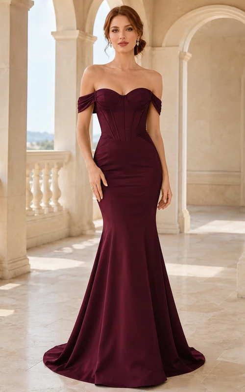 Burgundy Satin Mermaid Off-Shoulder Corset Sweep Train Formal Dress