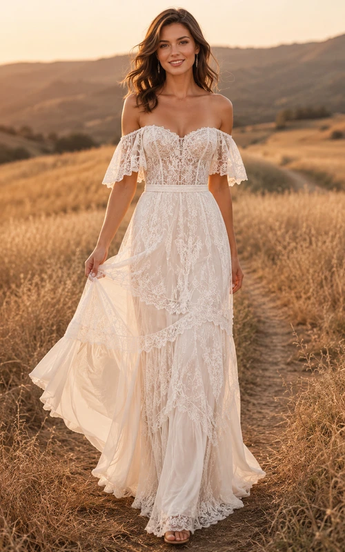 Schulterfreies, gestuftes, goldenes Spitzenkleid im Boho-Stil