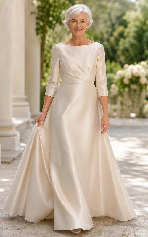 Robe de mariée élégante en satin, coupe trapèze, manches trois-quarts, manches bateau, longueur au sol, pour les mariées plus âgées