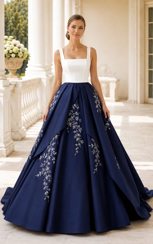 Marineblaues, drapiertes Ballkleid mit eckigem Ausschnitt, ärmellos, aus Satin, modernes Brautkleid