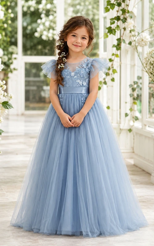 Robe longue bleu acier élégante pour demoiselle d'honneur, coupe trapèze, en tulle et dentelle, col bijou, manches pétales et applications.
