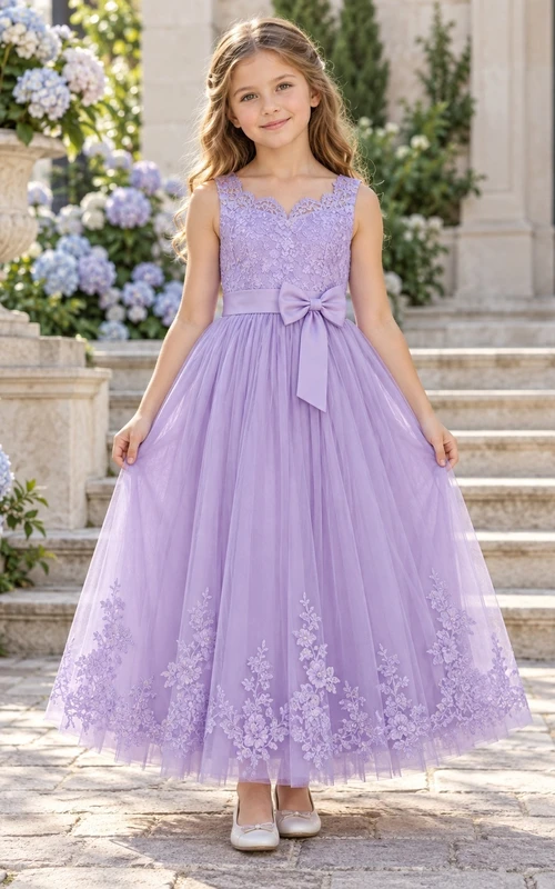Lavender Sleeveless Sweetheart Scalloped Lace Ankle-length A-Line Tulle Floral Hem Satin Bow Flowergirl Dress