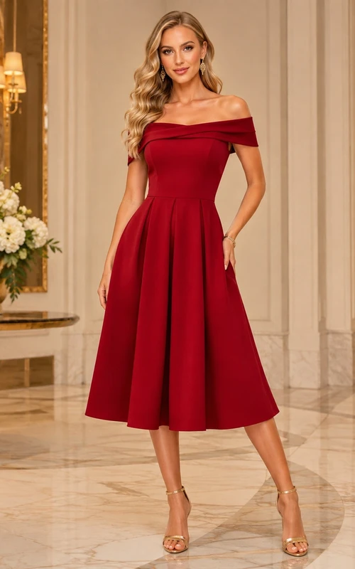 Teelanges rotes schulterfreies A-Linien-Cocktailkleid aus Satin