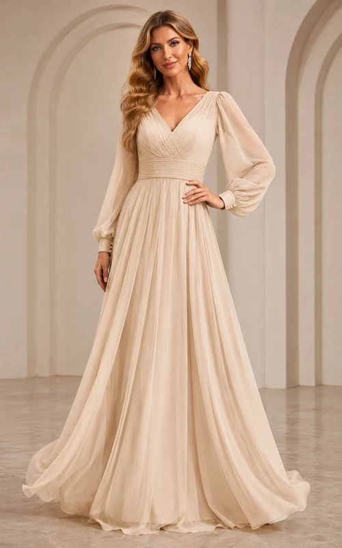 Elegantes, bodenlanges Chiffonkleid in Champagner mit V-Ausschnitt und Poetenärmeln für festliche Anlässe