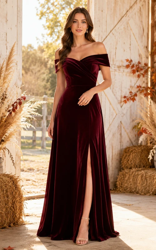 Robe de demoiselle d'honneur sirène en velours bordeaux à épaules dénudées et fente