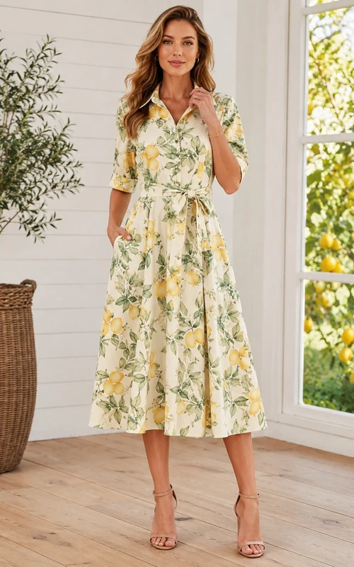 Vestido de gasa de manga corta con escote en V y estampado floral de limón, corte en A y largo hasta los tobillos.