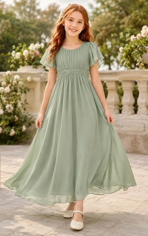 Sage Flutter Sleeve Ruched Chiffon Ankle-Length Empire Elegant Modest Flowergirl Dress