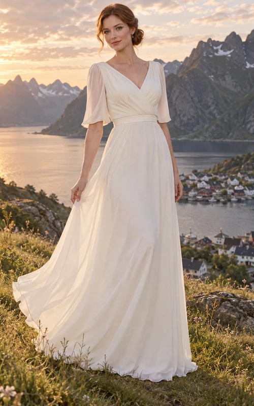 Sencillo vestido de novia de corte A en georgette con escote en V, corpiño cruzado y mangas acampanadas hasta el codo.