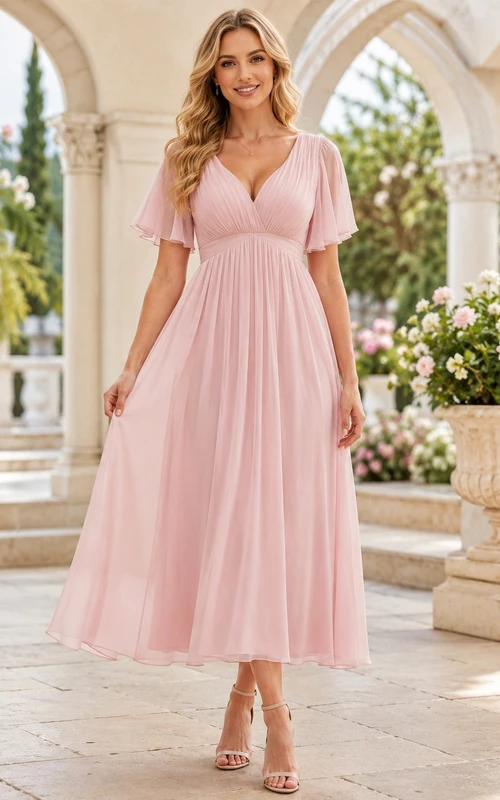 Romantisches Kleid aus Chiffon in Empire-Rosé mit V-Ausschnitt, flatternden Ärmeln und Knöchellänge