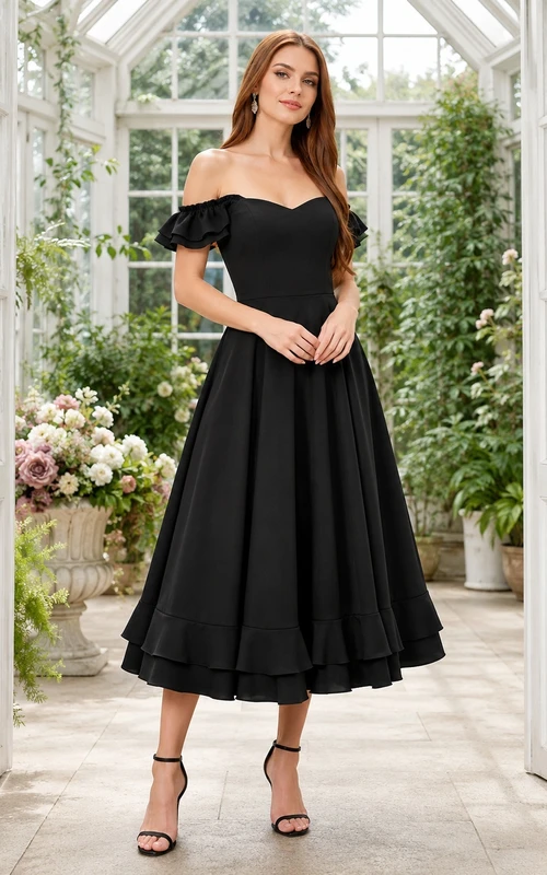 Robe de cocktail noire à épaules dénudées et volants en taffetas, coupe trapèze, longueur thé