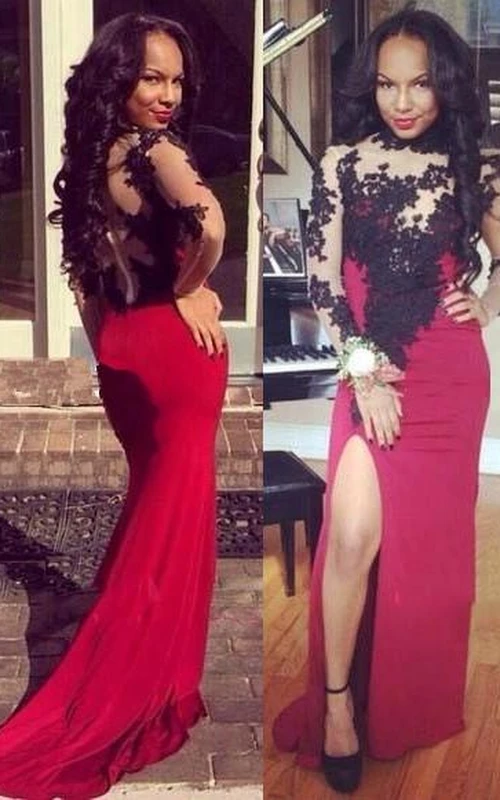 Gorgeous Long Sleeves Black Lace Evening Dresses Long Slit Party Gowns