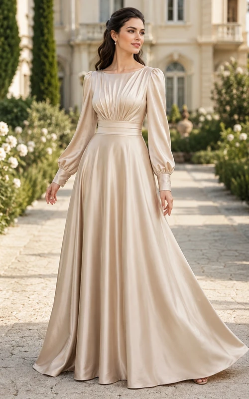 Robe de soirée champagne modeste à col montant et manches longues en satin, coupe trapèze