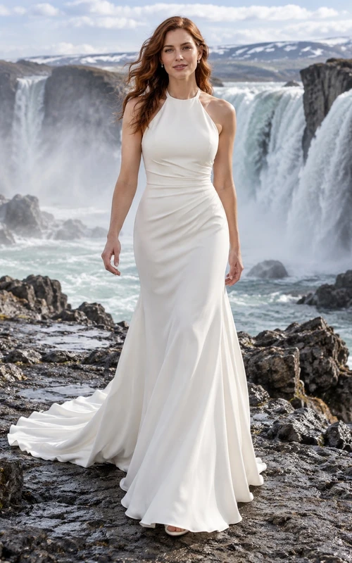 Sencillo vestido de novia de crepé con escote halter, corte sirena, cintura fruncida y espalda cubierta.