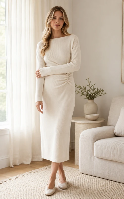 Cream high neck long sleeve sheath knit midi dress