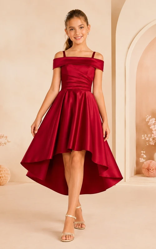Modernes rotes schulterfreies Satin-Kleid in A-Linie mit hohem/tiefem Saum und Teelänge für Blumenmädchen