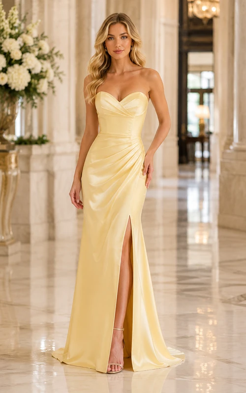 Robe de soirée fourreau en satin jonquille, sans bretelles et fendue, longueur au sol