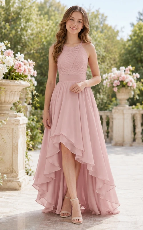 Vestido de dama de honor juvenil rosa ruborizado, corte A, escote halter, sin mangas, bajo asimétrico, gasa con volantes, estilo romántico.