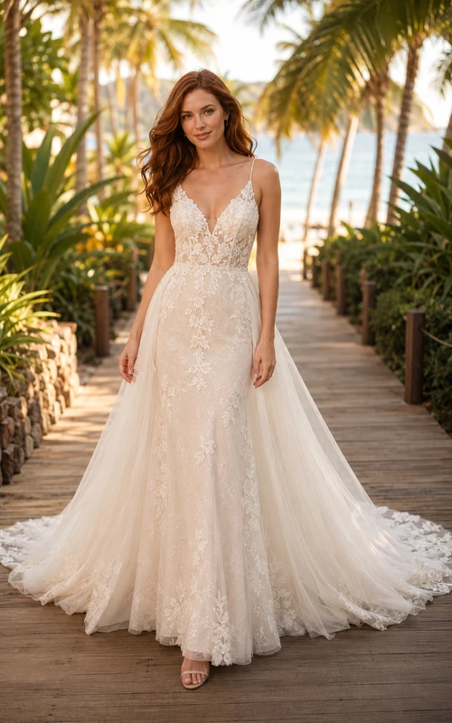 Spaghetti Strap Lace A-Line Beach Wedding Dress