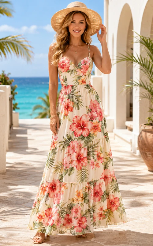 Tropical Floral Spaghetti Strap Tiered Resort Maxi Dress