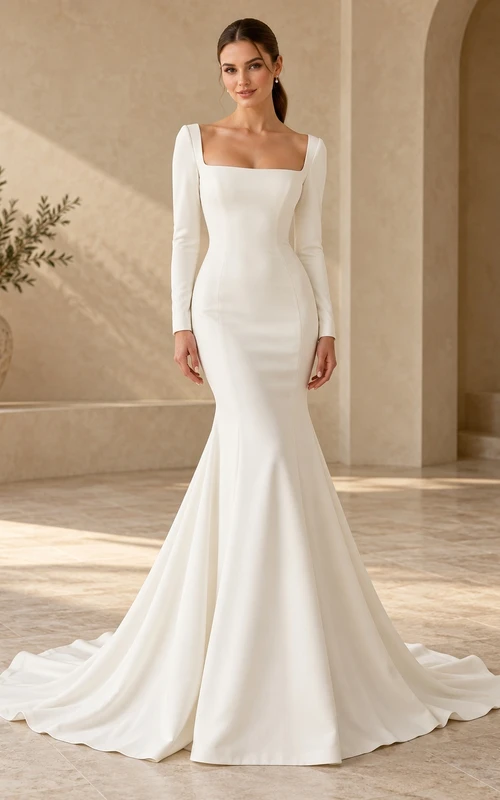 Simple Square Neck Long Sleeve Satin Mermaid Sweep Train Wedding Dress