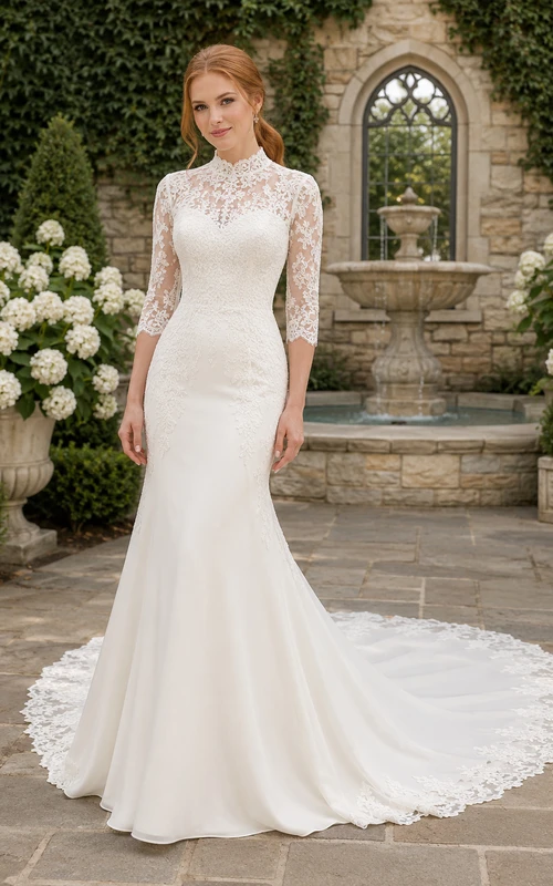Vestido de novia de sirena de encaje con cuello alto y mangas largas para capilla