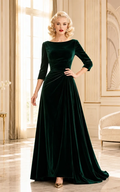 Vintage Dark Green Velvet High Neck Long Sleeve A Line Gown