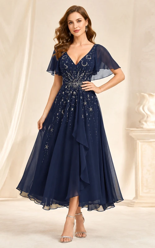 Vestido de invitada azul marino oscuro con escote en V, de gasa con cuentas y corte asimétrico.