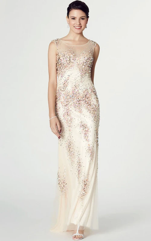 Ärmelloses, perlenbesetztes Chiffon-Abendkleid mit U-Boot-Ausschnitt