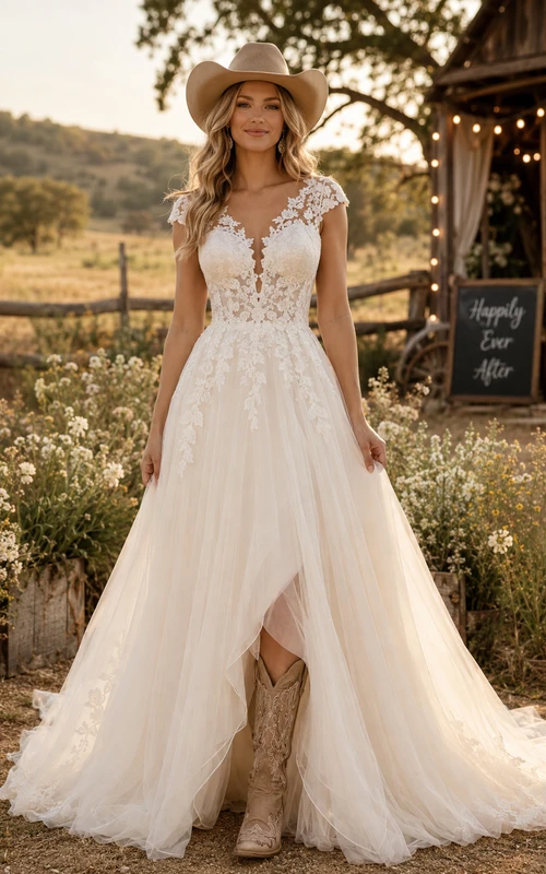A-Linien-Brautkleid im Landhausstil mit kurzen Ärmeln, Spitzeneinsatz, Illusionsrücken und Schleppe