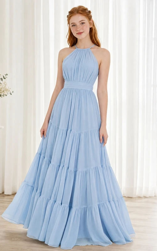 Himmelblaues Brautjungfernkleid für junge Mädchen, A-Linie, Neckholder, ärmellos, Stufenrock, bezaubernd