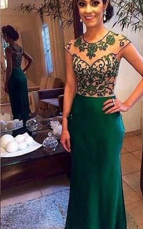 Modernes, perlenbesetztes, grünes Meerjungfrauen-Abendkleid mit kurzen Ärmeln, bodenlang