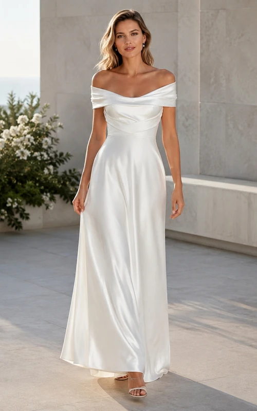 White Satin Off-the-Shoulder Short-Sleeve A-Line Floor-Length Formal Dress